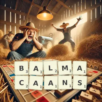 Creative illustration for a Scrabble game with the word BALMACAANS spelled out in tiles on the board.