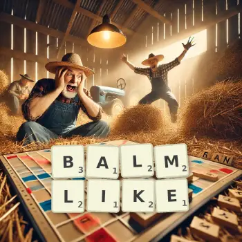 Creative illustration for a Scrabble game with the word BALMLIKE spelled out in tiles on the board.