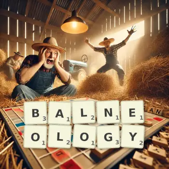 Creative illustration for a Scrabble game with the word BALNEOLOGY spelled out in tiles on the board.