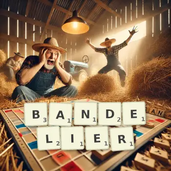 Creative illustration for a Scrabble game with the word BANDELIER spelled out in tiles on the board.