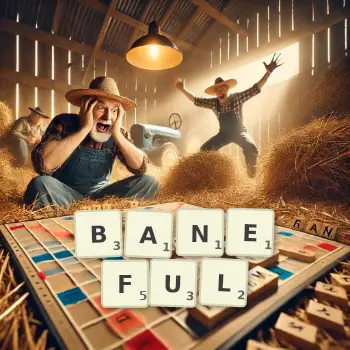 Creative illustration for a Scrabble game with the word BANEFUL spelled out in tiles on the board.