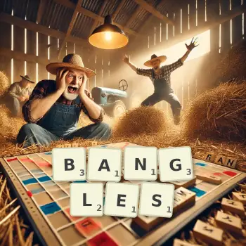 Creative illustration for a Scrabble game with the word BANGLES spelled out in tiles on the board.