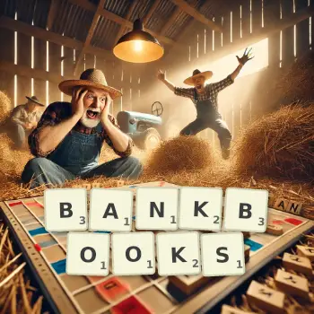 Creative illustration for a Scrabble game with the word BANKBOOKS spelled out in tiles on the board.