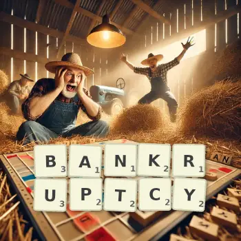 Creative illustration for a Scrabble game with the word BANKRUPTCY spelled out in tiles on the board.