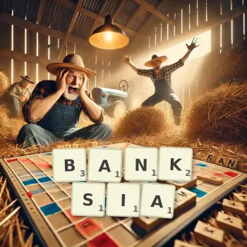 Creative illustration for a Scrabble game with the word BANKSIA spelled out in tiles on the board.