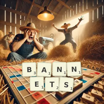 Creative illustration for a Scrabble game with the word BANNETS spelled out in tiles on the board.