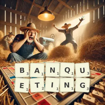 Creative illustration for a Scrabble game with the word BANQUETING spelled out in tiles on the board.