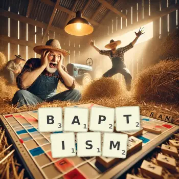 Creative illustration for a Scrabble game with the word BAPTISM spelled out in tiles on the board.