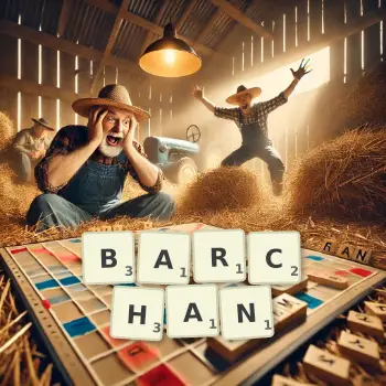 Creative illustration for a Scrabble game with the word BARCHAN spelled out in tiles on the board.