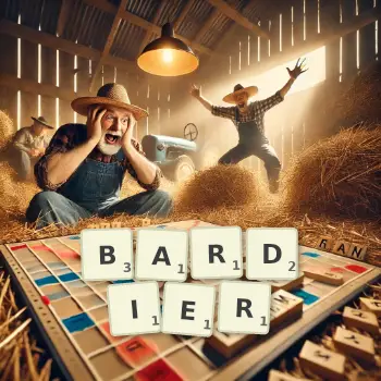 Creative illustration for a Scrabble game with the word BARDIER spelled out in tiles on the board.