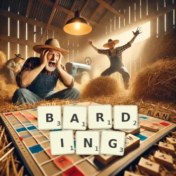 Creative illustration for a Scrabble game with the word BARDING spelled out in tiles on the board.