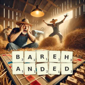 Creative illustration for a Scrabble game with the word BAREHANDED spelled out in tiles on the board.