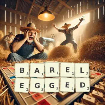 Creative illustration for a Scrabble game with the word BARELEGGED spelled out in tiles on the board.