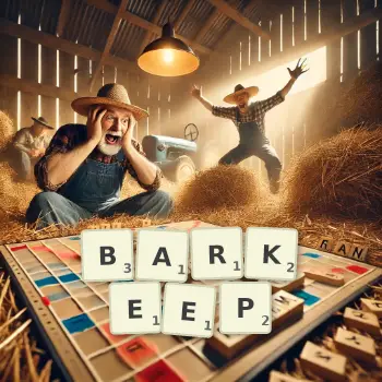 Creative illustration for a Scrabble game with the word BARKEEP spelled out in tiles on the board.