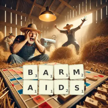 Creative illustration for a Scrabble game with the word BARMAIDS spelled out in tiles on the board.