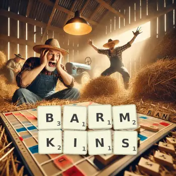 Creative illustration for a Scrabble game with the word BARMKINS spelled out in tiles on the board.