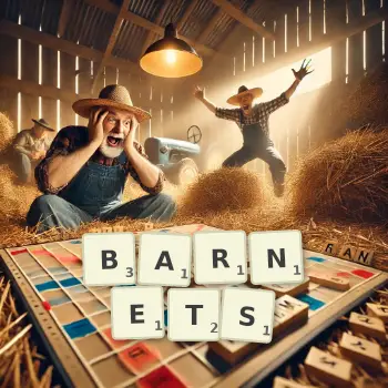 Creative illustration for a Scrabble game with the word BARNETS spelled out in tiles on the board.