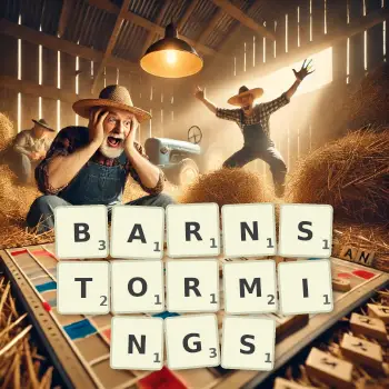 Creative illustration for a Scrabble game with the word BARNSTORMINGS spelled out in tiles on the board.