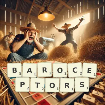 Creative illustration for a Scrabble game with the word BAROCEPTORS spelled out in tiles on the board.