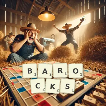 Creative illustration for a Scrabble game with the word BAROCKS spelled out in tiles on the board.