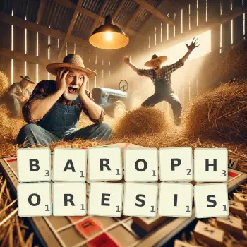 Creative illustration for a Scrabble game with the word BAROPHORESIS spelled out in tiles on the board.