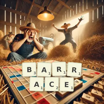 Creative illustration for a Scrabble game with the word BARRACE spelled out in tiles on the board.