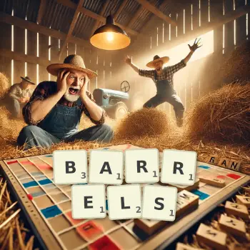 Creative illustration for a Scrabble game with the word BARRELS spelled out in tiles on the board.