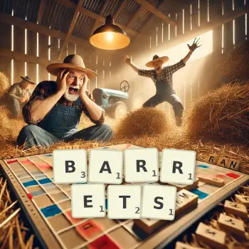 Creative illustration for a Scrabble game with the word BARRETS spelled out in tiles on the board.