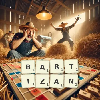 Creative illustration for a Scrabble game with the word BARTIZAN spelled out in tiles on the board.