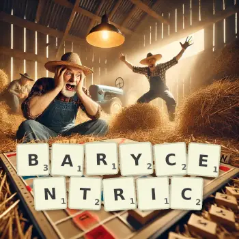 Creative illustration for a Scrabble game with the word BARYCENTRIC spelled out in tiles on the board.
