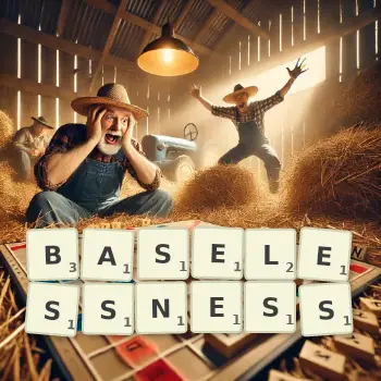Creative illustration for a Scrabble game with the word BASELESSNESS spelled out in tiles on the board.