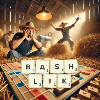 Creative illustration for a Scrabble game with the word BASHLIK spelled out in tiles on the board.