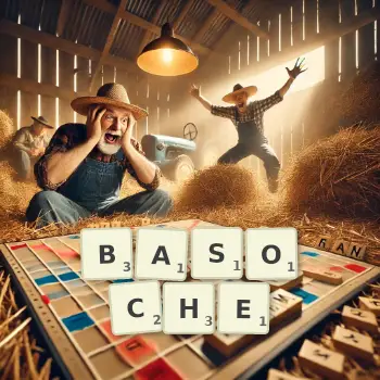 Creative illustration for a Scrabble game with the word BASOCHE spelled out in tiles on the board.