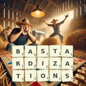 Creative illustration for a Scrabble game with the word BASTARDIZATIONS spelled out in tiles on the board.
