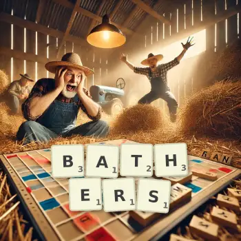 Creative illustration for a Scrabble game with the word BATHERS spelled out in tiles on the board.