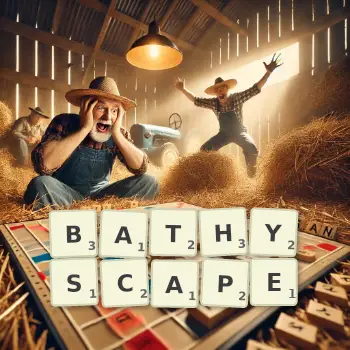 Creative illustration for a Scrabble game with the word BATHYSCAPE spelled out in tiles on the board.