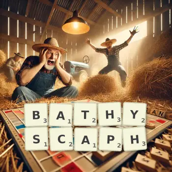 Creative illustration for a Scrabble game with the word BATHYSCAPH spelled out in tiles on the board.