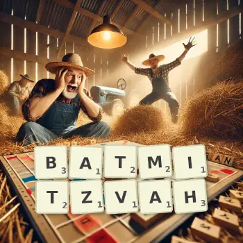 Creative illustration for a Scrabble game with the word BATMITZVAH spelled out in tiles on the board.