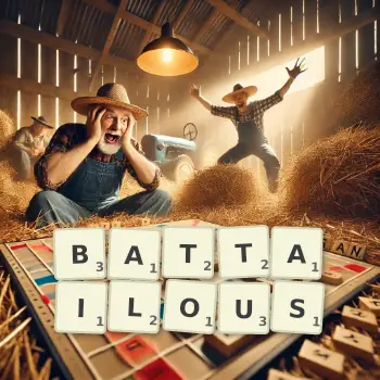 Creative illustration for a Scrabble game with the word BATTAILOUS spelled out in tiles on the board.