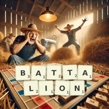 Creative illustration for a Scrabble game with the word BATTALION spelled out in tiles on the board.