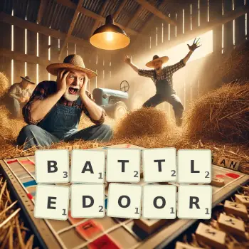 Creative illustration for a Scrabble game with the word BATTLEDOOR spelled out in tiles on the board.