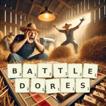 Creative illustration for a Scrabble game with the word BATTLEDORES spelled out in tiles on the board.