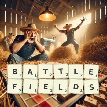 Creative illustration for a Scrabble game with the word BATTLEFIELDS spelled out in tiles on the board.