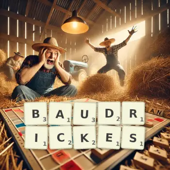 Creative illustration for a Scrabble game with the word BAUDRICKES spelled out in tiles on the board.