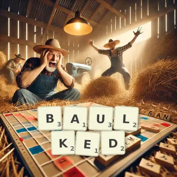 Creative illustration for a Scrabble game with the word BAULKED spelled out in tiles on the board.