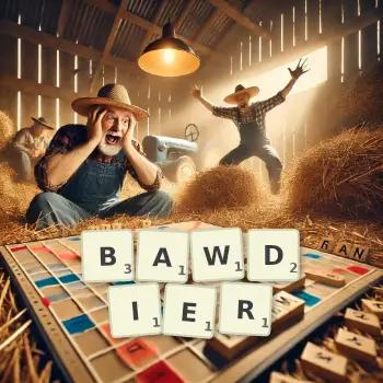 Creative illustration for a Scrabble game with the word BAWDIER spelled out in tiles on the board.
