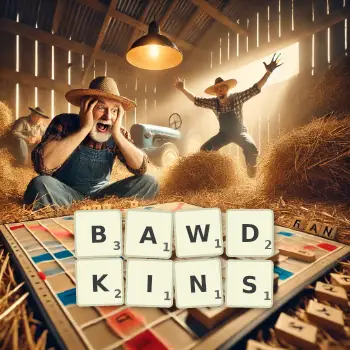 Creative illustration for a Scrabble game with the word BAWDKINS spelled out in tiles on the board.