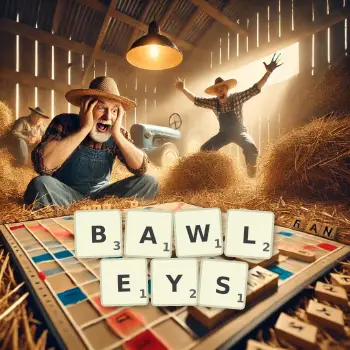 Creative illustration for a Scrabble game with the word BAWLEYS spelled out in tiles on the board.