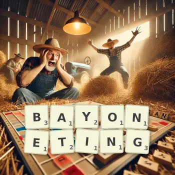 Creative illustration for a Scrabble game with the word BAYONETING spelled out in tiles on the board.