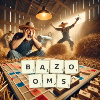 Creative illustration for a Scrabble game with the word BAZOOMS spelled out in tiles on the board.